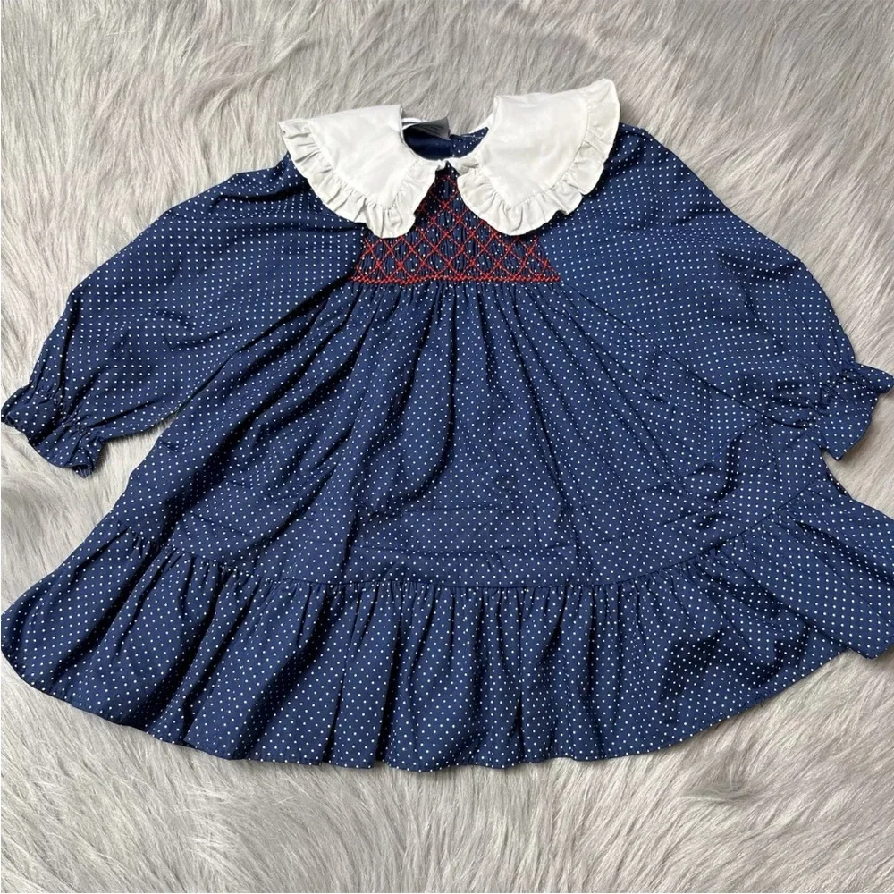 Vintage Polly Flinders Toddler Girls Dress Navy Red White Dot Smocked